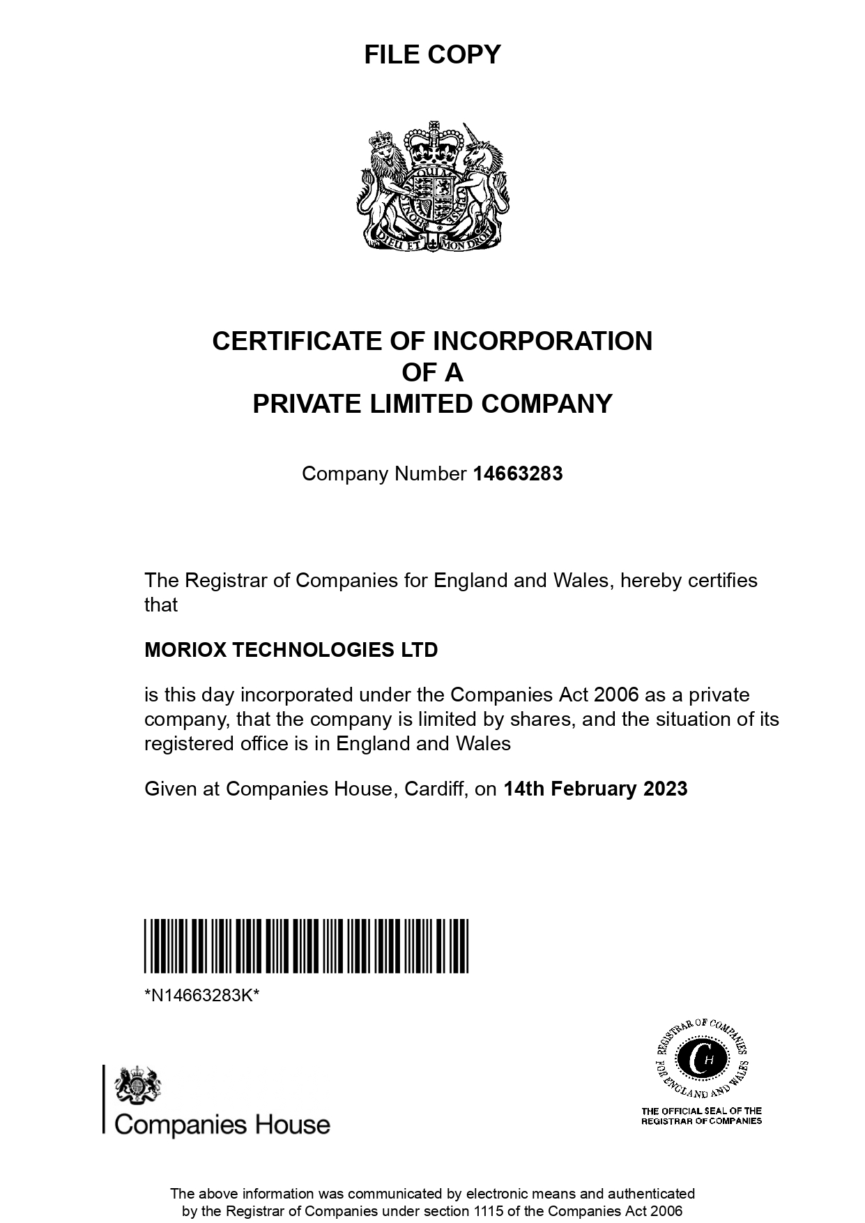 Certificate of Moriox
